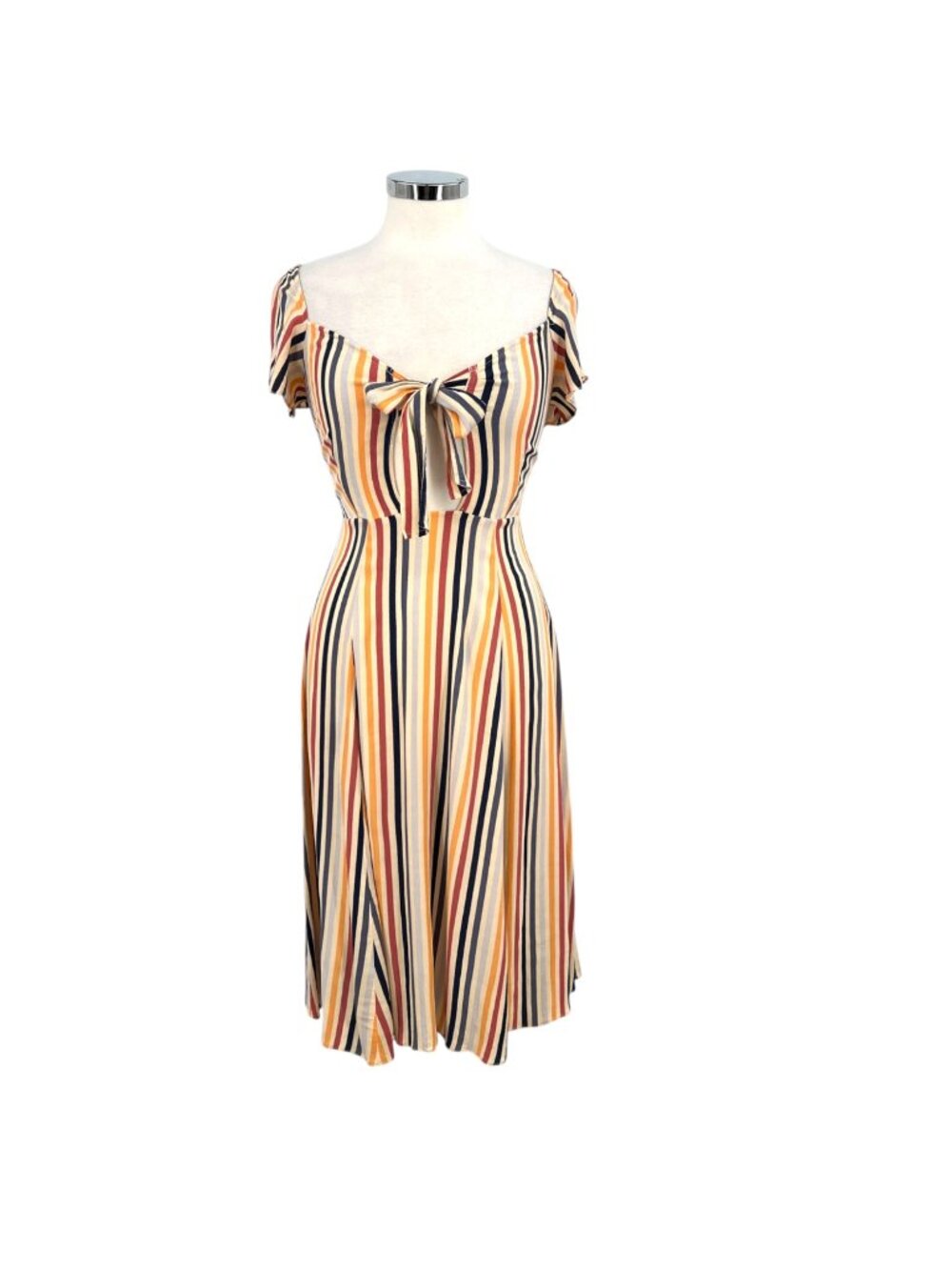 Leith Striped Tie-Front Midi Dress Multicolor Short Sleeves Size XS Coastal Boho